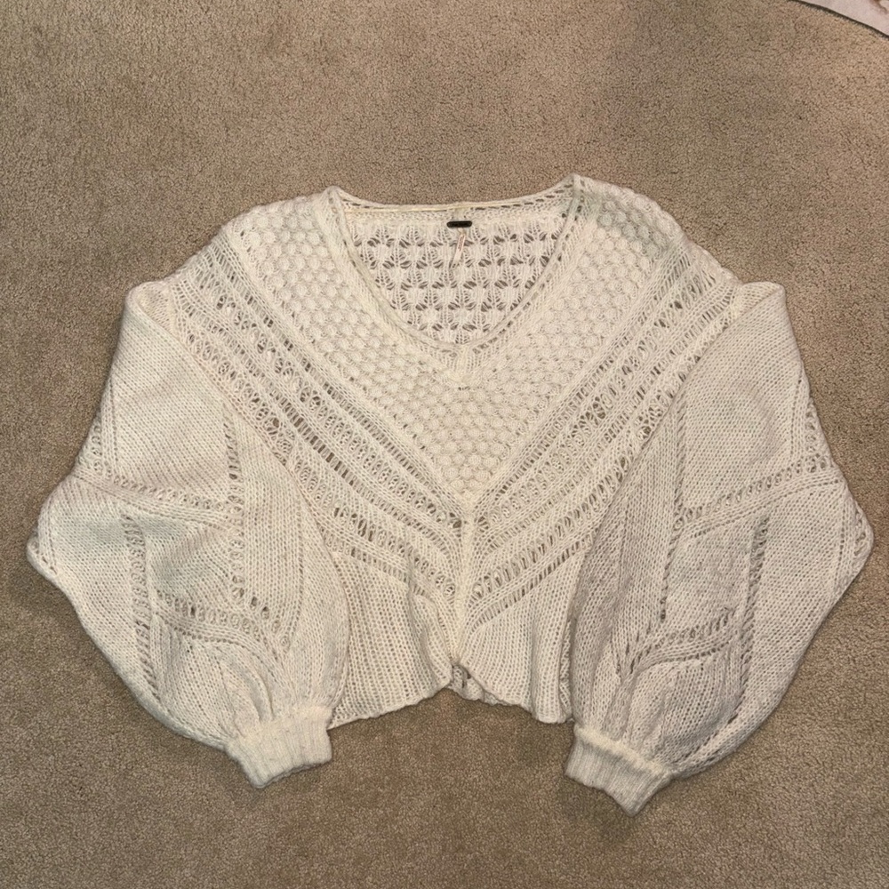 Free People Snowball Open-Knit V-Neck Women's Sweater in Cream
